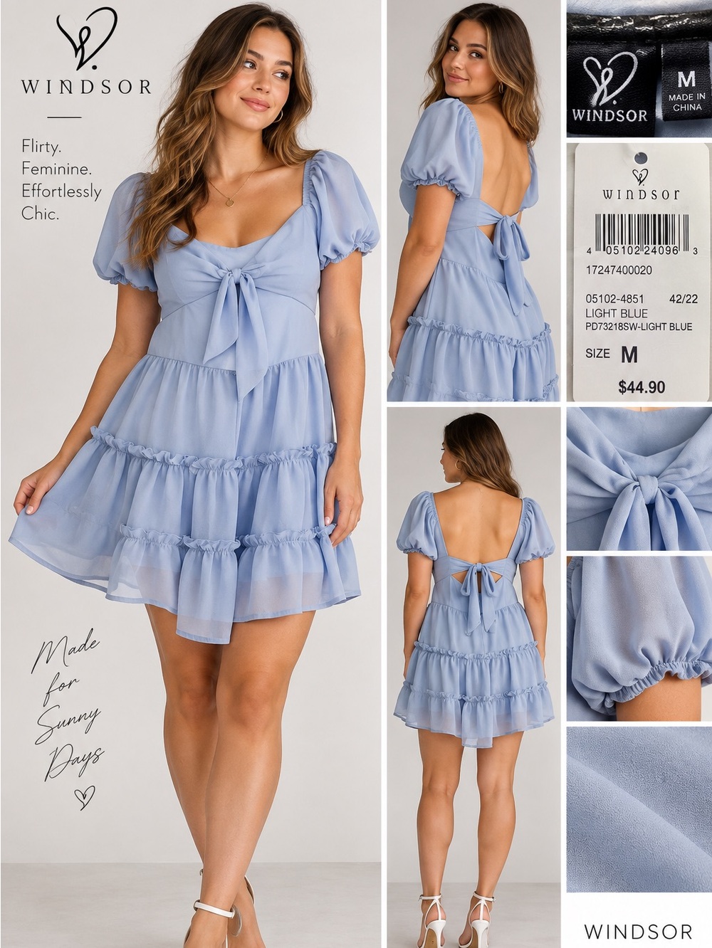 NWT Windsor Light Blue Puff Sleeve Tiered Mini Dress Size Medium Cottagecore
